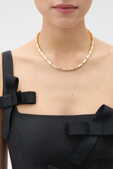 Profile view of model wearing the Oroton Eden Necklace in Clear/Worn Gold and Premium brass material for Women . IP:2