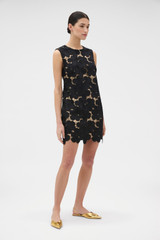 Profile view of model wearing the Oroton Poppy Lace Mini Dress in Black and 100% polyester fabric for Women . IP:3