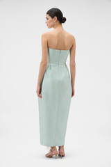 Profile view of model wearing the Oroton Bodice Detail Gown in Glass and 85% polyester and 15% silk blend fabric for Women . IP:6