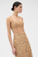 Profile view of model wearing the Oroton Poppy Lace Bralet in Camel and 100% polyester fabric for Women . IP:3