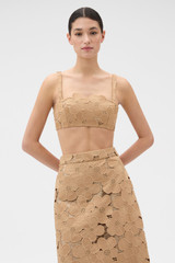 Profile view of model wearing the Oroton Poppy Lace Bralet in Camel and 100% polyester fabric for Women . IP:2