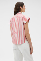 Profile view of model wearing the Oroton Funnel Neck Blouse in Cerise and 100% yarn dyed cotton fabric for Women . IP:5