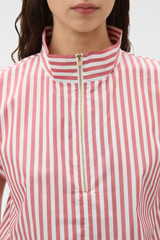 Profile view of model wearing the Oroton Funnel Neck Blouse in Cerise and 100% yarn dyed cotton fabric for Women . IP:4