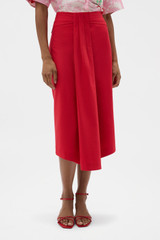 Profile view of model wearing the Oroton Sarong Skirt in Ribbon Red and 55% linen, 43% viscose, and 2% elastane blend for Women . IP:2