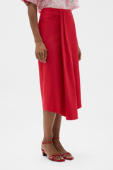 Profile view of model wearing the Oroton Sarong Skirt in Ribbon Red and 55% linen, 43% viscose, and 2% elastane blend for Women . IP:3