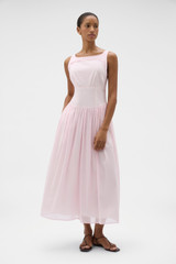 Profile view of model wearing the Oroton Yoke Detail Sundress in Rose and 100% lightweight semi-sheer cotton voile fabric for Women . IP:2