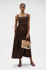 Profile view of model wearing the Oroton Handkerchief Sundress in Espresso and 100% mid-weight linen fabric with a lightly textured surface for Women . IP:6