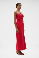 Profile view of model wearing the Oroton Bodice Maxi Dress in Ribbon Red and 55% linen, 43% viscose, and 2% elastane blend for Women . IP:3
