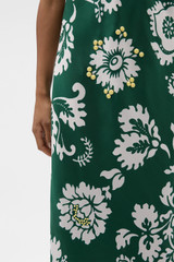 Profile view of model wearing the Oroton Cabana Floral Sheath Dress in Helm Green and 100% silk dupion fabric for Women . IP:4