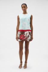 Profile view of model wearing the Oroton Cabana Floral Mini Dress in Glass and 100% silk dupion fabric for Women . IP:2