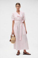 Profile view of model wearing the Oroton Isla Detail Dress in Palest Pink and 100% cotton poplin fabric for Women . IP:6