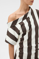 Profile view of model wearing the Oroton Slub Silk Stripe Dress in Chocolate and 92% silk and 8% spandex blend fabric for Women . IP:4
