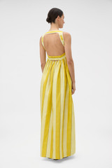 Profile view of model wearing the Oroton Slub Silk Stripe Sundress in Sunflower and 100% silk dupion fabric for Women . IP:5
