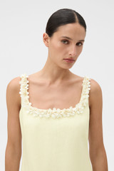 Profile view of model wearing the Oroton Embellished Shift Dress in Lemon and 100% heavy weight linen fabric for Women . IP:4