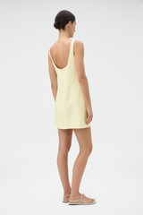 Profile view of model wearing the Oroton Embellished Shift Dress in Lemon and 100% heavy weight linen fabric for Women . IP:5