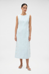 Profile view of model wearing the Oroton Button Detail Dress in Ice Blue and 100% heavy weight linen fabric for Women . IP:2