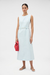 Profile view of model wearing the Oroton Button Detail Dress in Ice Blue and 100% heavy weight linen fabric for Women . IP:6