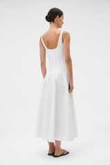 Profile view of model wearing the Oroton Panelled Day Dress in White and 98% cotton and 2% spandex blend fabric for Women . IP:5