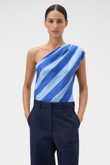 Profile view of model wearing the Oroton Slub Silk Stripe Top in Azure Blue and 100% silk fabric for Women . IP:2