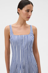 Profile view of model wearing the Oroton Stripe Panelled Day Dress in North Sea/White and 98% cotton and 2% spandex blend fabric for Women . IP:4