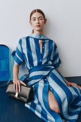 Profile view of model wearing the Oroton Slub Silk Stripe Column Dress in Azure Blue and 100% silk fabric for Women . IP:10