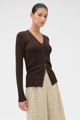 Profile view of model wearing the Oroton Ribbed Cardigan in Dark Chocolate and 100% Cotton for Women . IP:3