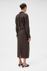 Profile view of model wearing the Oroton Midi Skirt in Dark Chocolate and 77% viscose and 23% polyamide blend fabric for Women . IP:5
