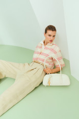 Profile view of model wearing the Oroton Windowpane Check Shirt in Cream and 80% Cotton, 20% silk for Women . IP:8