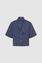 Front product shot of the Oroton Check Tie Neck Shirt in North Sea and 100% cotton fabric for Women . IP:1
