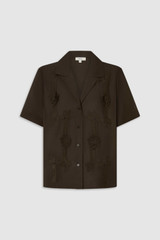 Front product shot of the Oroton Ribbon Trim Camp Shirt in Dark Chocolate and 100% silk twill fabric for Women . IP:1