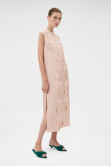 Profile view of model wearing the Oroton Ribbon Trim Sheath Dress in Rose Tint and 100% silk twill fabric for Women . IP:3