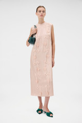 Profile view of model wearing the Oroton Ribbon Trim Sheath Dress in Rose Tint and 100% silk twill fabric for Women . IP:6