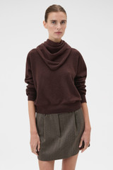 Profile view of model wearing the Oroton Scarf Knit in Dark Chocolate and 100% mid-gauge Merino wool fabric for Women . IP:4