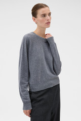 Profile view of model wearing the Oroton Scarf Knit in Grey Marle and 100% mid-gauge Merino wool fabric for Women . IP:3