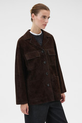 Profile view of model wearing the Oroton Suede Jacket in Dark Chocolate and 100% suede leather for Women . IP:3