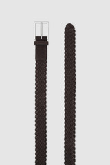Front product shot of the Oroton Freddie Woven Suede 35MM Belt in Dark Chocolate and Premium cow suede leather for Men . IP:14