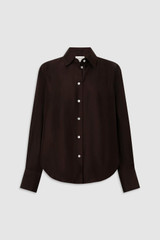 Front product shot of the Oroton Long Sleeve Shirt in Dark Chocolate and 100% silk fabric for Women . IP:1