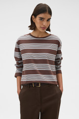 Profile view of model wearing the Oroton Long Sleeve Stripe Tee in Chocolate and 100% cotton fabric for Women . IP:2
