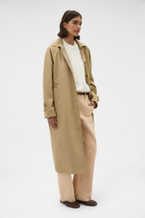 Profile view of model wearing the Oroton Reversible Check Mac in Camel and 100% soft cotton fabric for Women . IP:3
