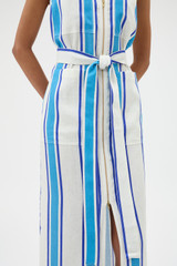 Profile view of model wearing the Oroton Shore Stripe Day Dress in Sea Blue and 100% heavy linen fabric for Women . IP:4