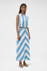 Profile view of model wearing the Oroton Shore Stripe Skirt in Sea Blue and 100% heavy linen fabric for Women . IP:3
