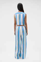 Profile view of model wearing the Oroton Shore Stripe Pyjama Pant in Sea Blue and 100% heavy linen fabric for Women . IP:5