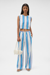 Profile view of model wearing the Oroton Shore Stripe Pyjama Pant in Sea Blue and 100% heavy linen fabric for Women . IP:6
