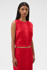 Profile view of model wearing the Oroton Ruffle Detail Top in Red Ribbon and 100% cotton voile fabric for Women . IP:3