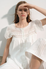 Profile view of model wearing the Oroton Lace Trim Day Dress in White and 100% ramie fabric for Women . IP:8