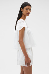 Profile view of model wearing the Oroton Lace Trim Top in White and 100% ramie fabric for Women . IP:3