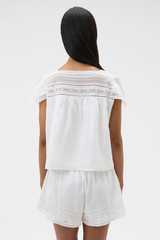 Profile view of model wearing the Oroton Lace Trim Top in White and 100% ramie fabric for Women . IP:5