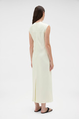 Profile view of model wearing the Oroton Double Satin Sheath Dress in Champagne and 100% viscose fabric for Women . IP:5