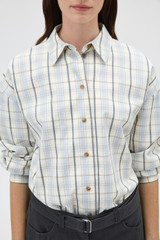 Profile view of model wearing the Oroton Boyfriend Check Shirt in Blonde and 100% cotton fabric for Women . IP:4