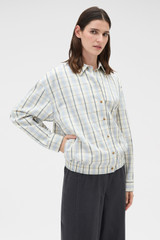 Profile view of model wearing the Oroton Boyfriend Check Shirt in Blonde and 100% cotton fabric for Women . IP:2